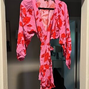 Floral Pink and Red Women's Wrap Dress